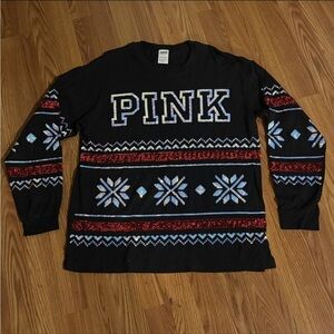 PINK Victoria's Secret Black Fair Isle Winter Snowflake Sequin‎ Sweater Cozy Y2k